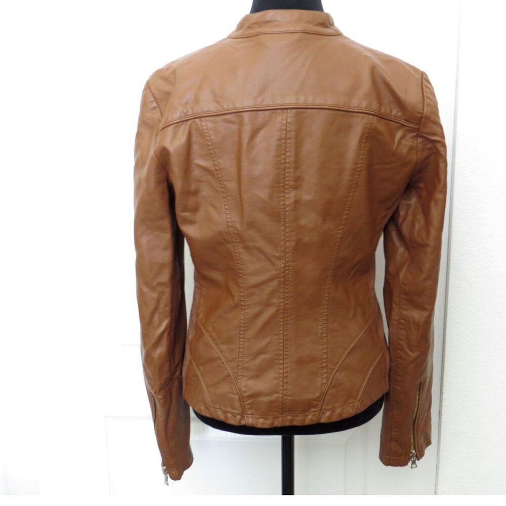 Guess Women's Faux Leather Moto Racer Jacket Brown EUC - Picture 2 of 9